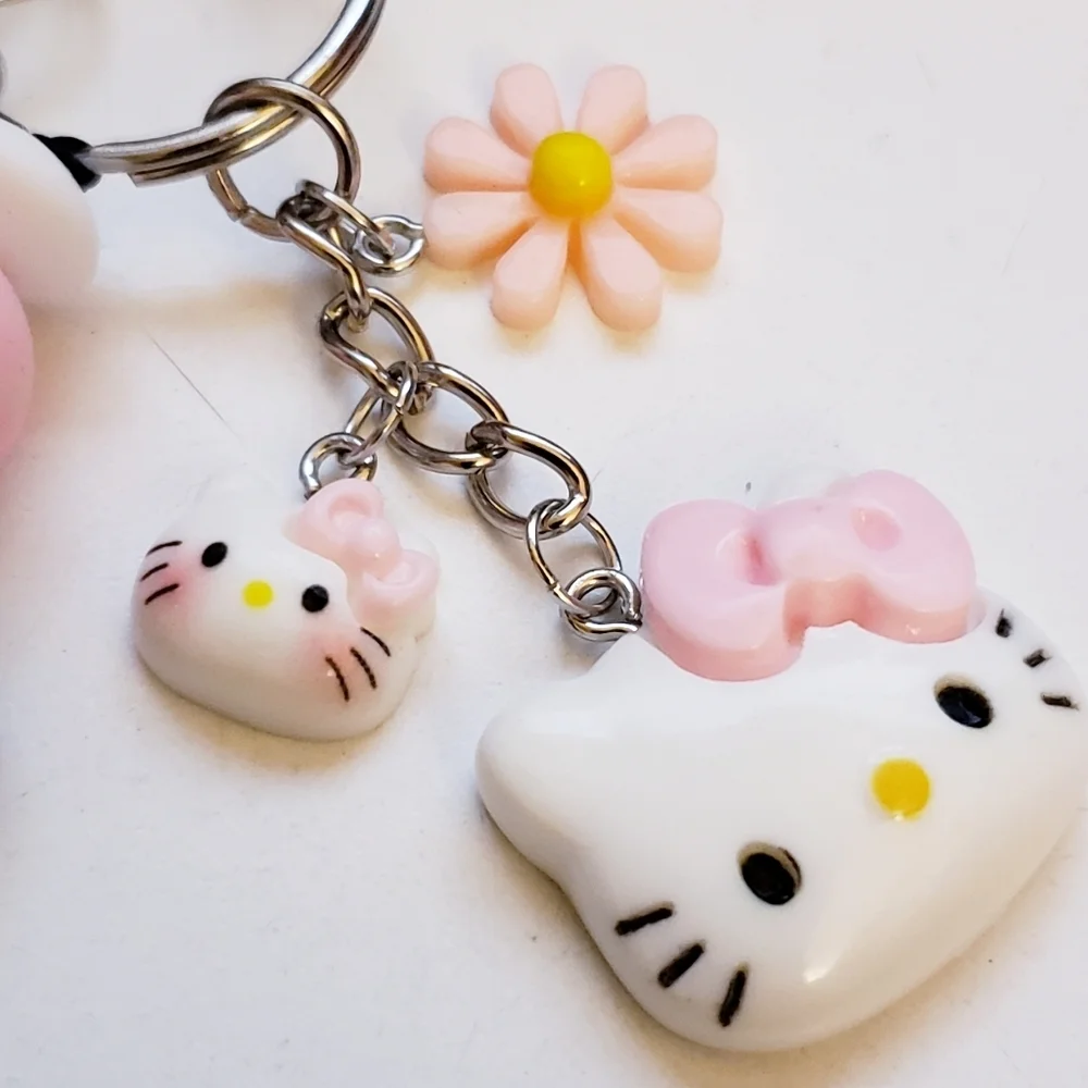 Handmade Kawaii Black Pink White Strawberry Flower Hello Kitty Keychain